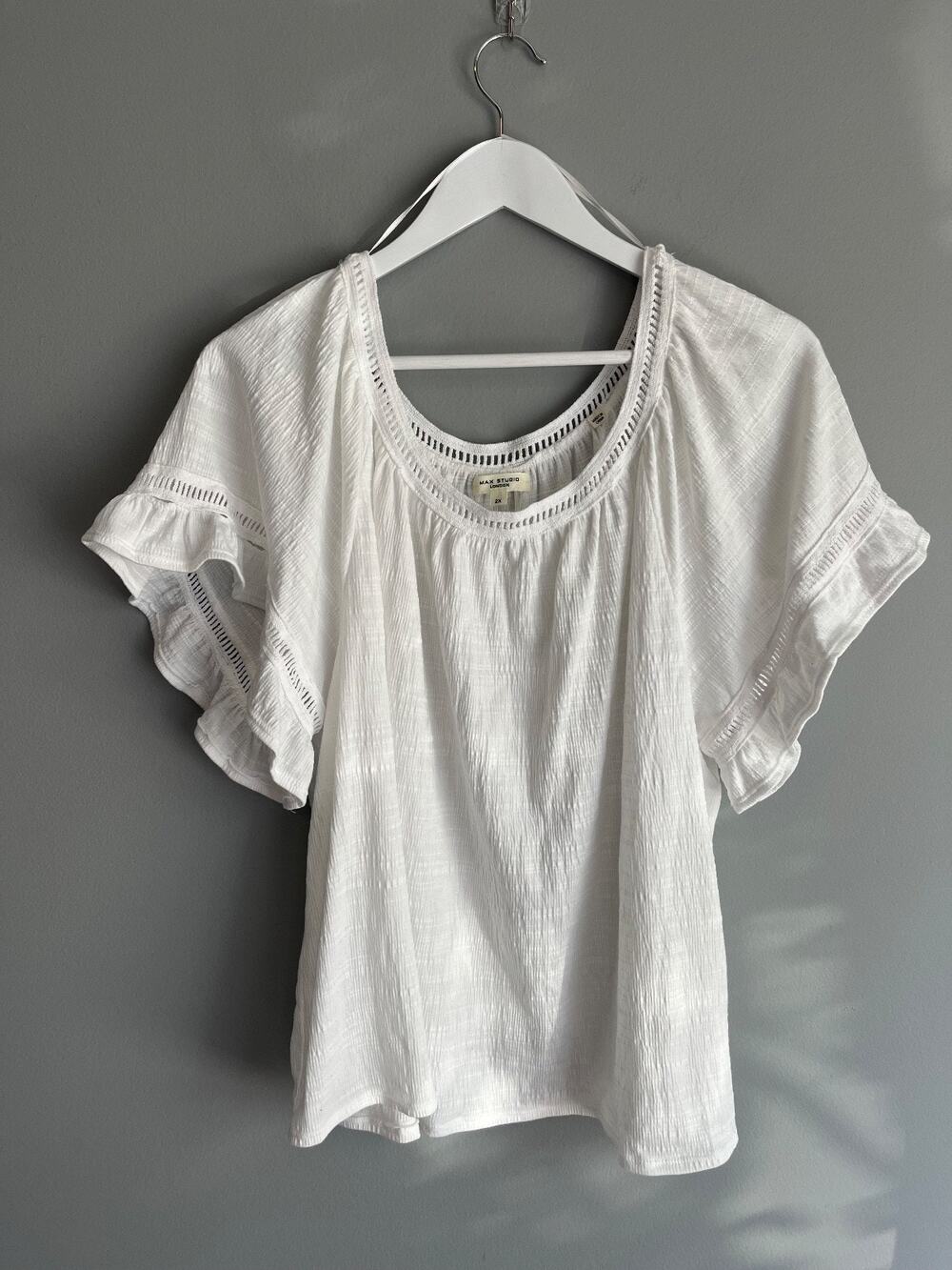 Max Studio London Women's 2X White Boho Top Ruffle Sleeve Crochet Trim Blouse